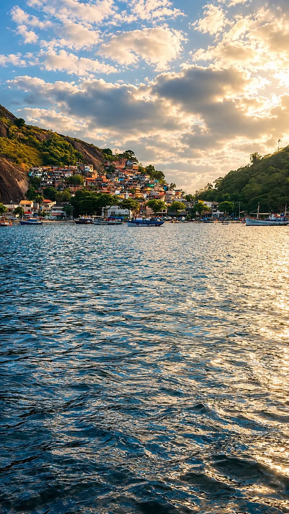 Rio de Janeiro harbour at golden hour, sunlight running across the water towards distant hills