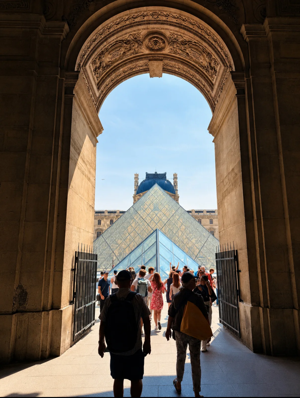 Carved stone arch of the Louvre framing a courtyard in warm late light