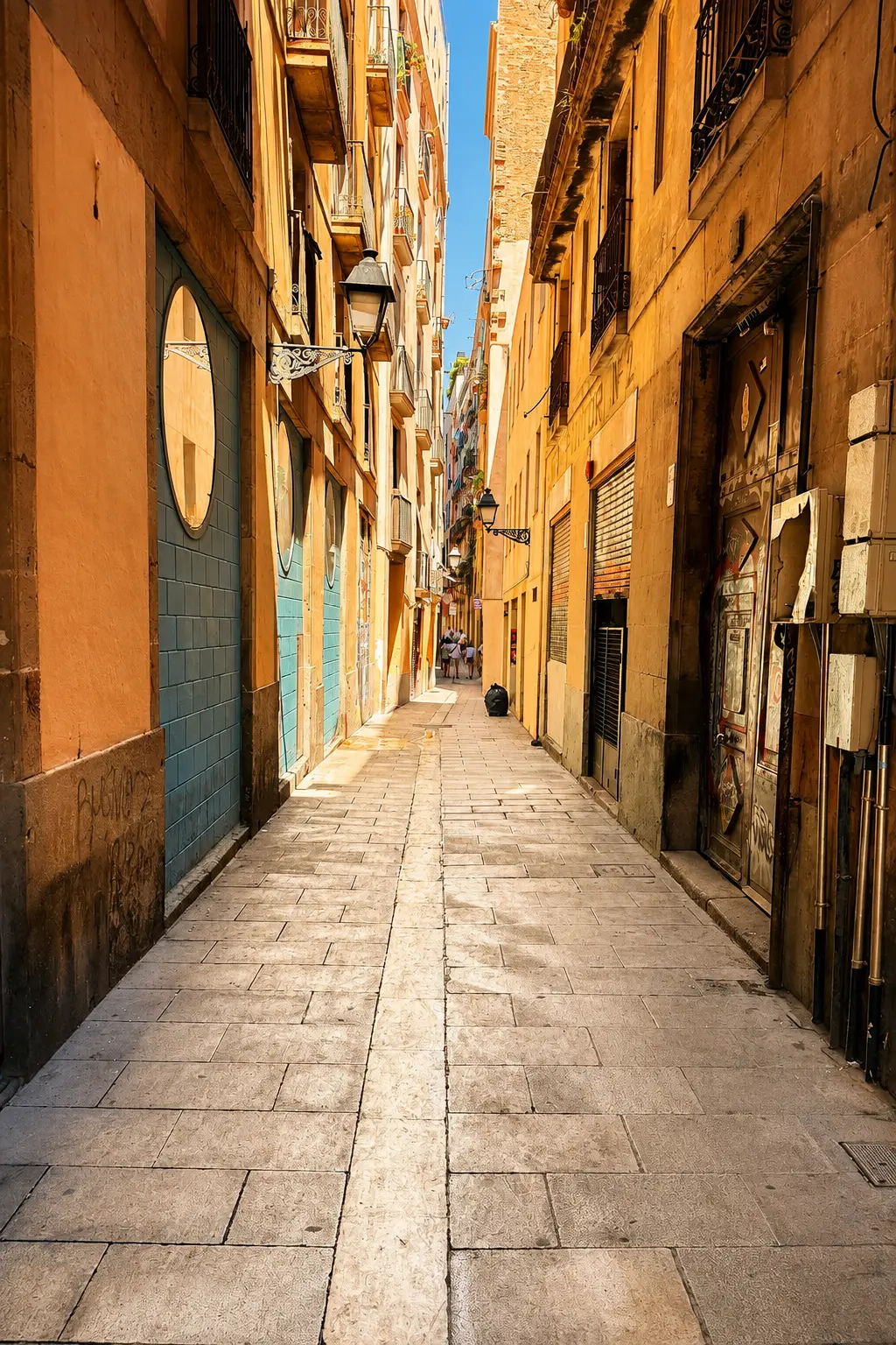 Narrow Barcelona alley with a single shaft of sunlight falling across the stone