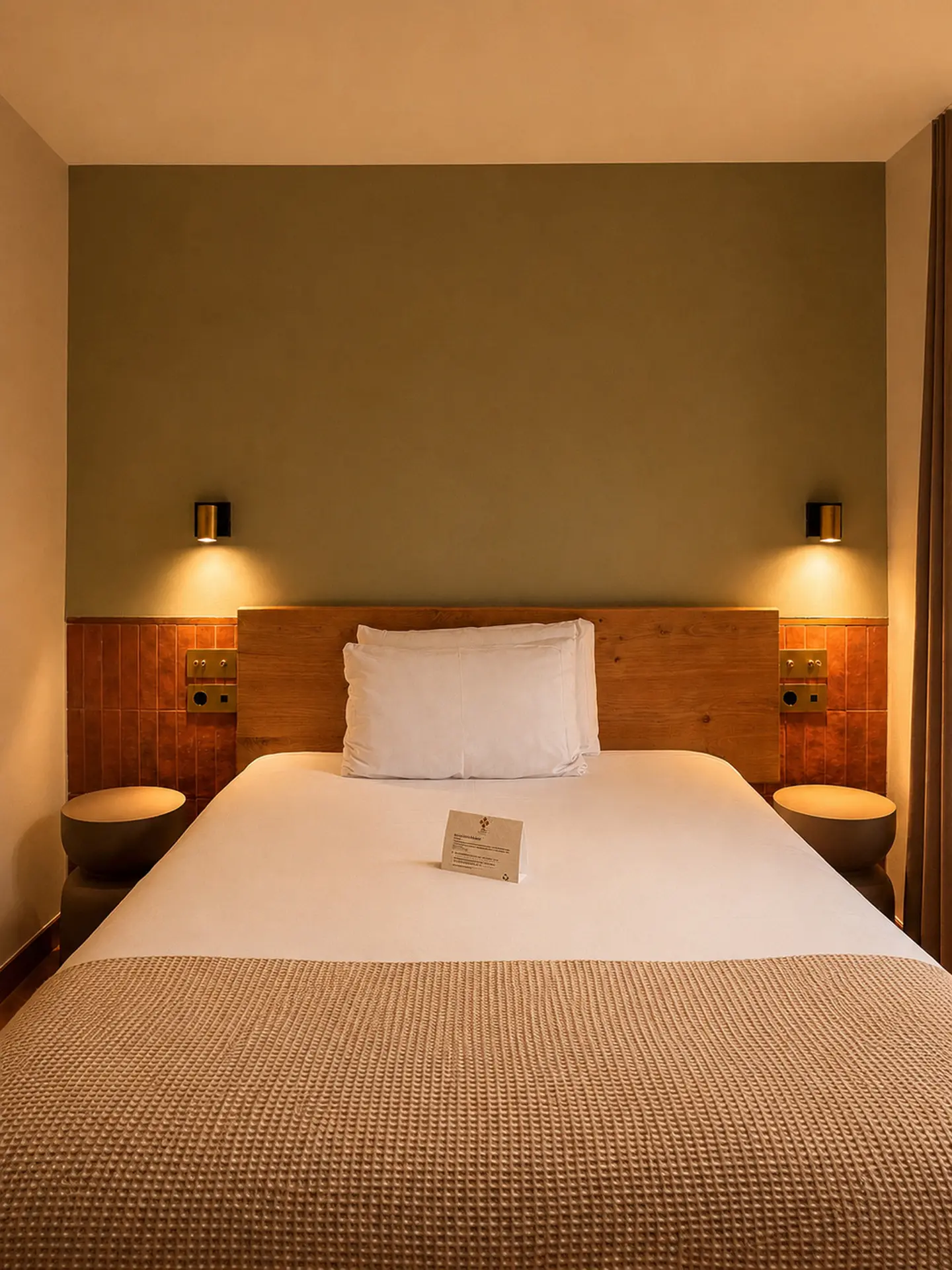 Made bed at Ambos Mundos with a folded welcome card and warm wall sconces either side
